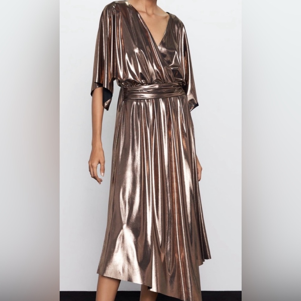 Zara Gold Midi Gown with V-neck and Dolman Sleeves